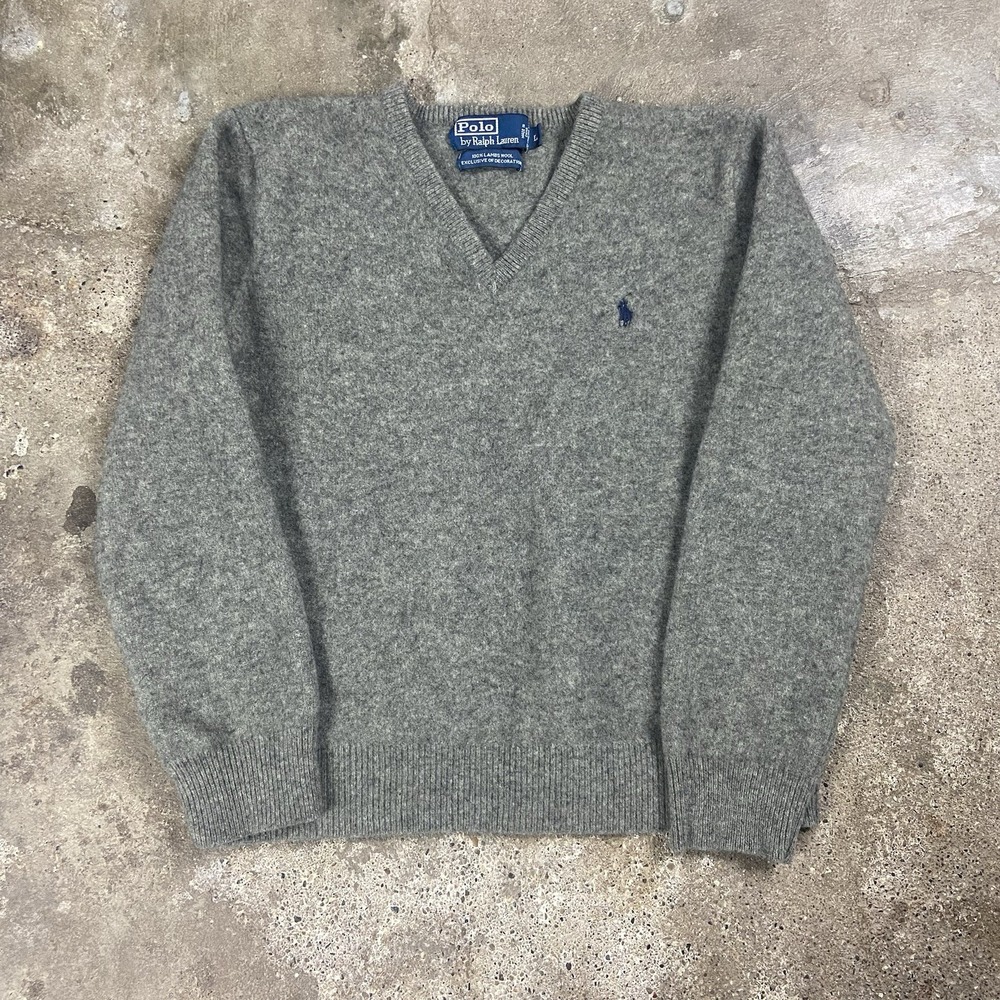 Vintage 90s Polo Ralph Lauren Sweater Size Small Gray V Neck Pullover Lambs Wool
